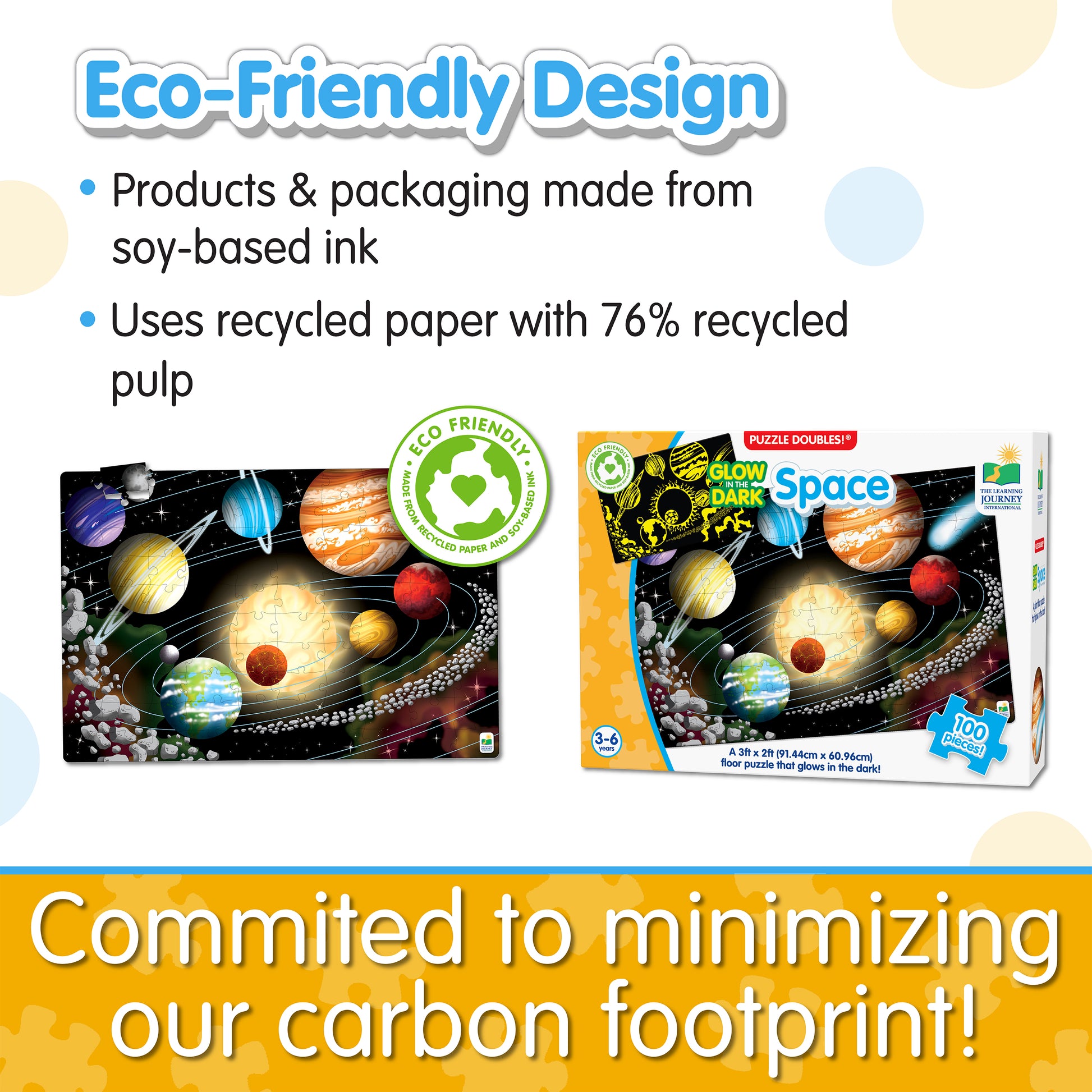 Infographic about Glow in the Dark - Space's eco-friendly design that says, "Committed to minimizing our carbon footprint!"