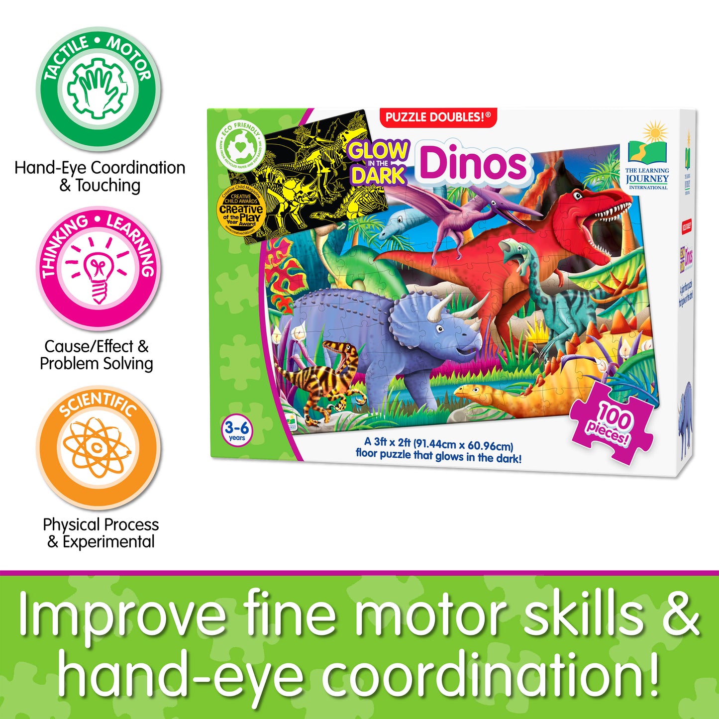 Infographic about Glow in the Dark - Dinos' educational benefits that says, "Improve fine motor skills and hand-eye coordination!"