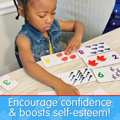 Infographic of young girl playing Match It - Counting that says, "Encourage confidence and boost self-esteem!"