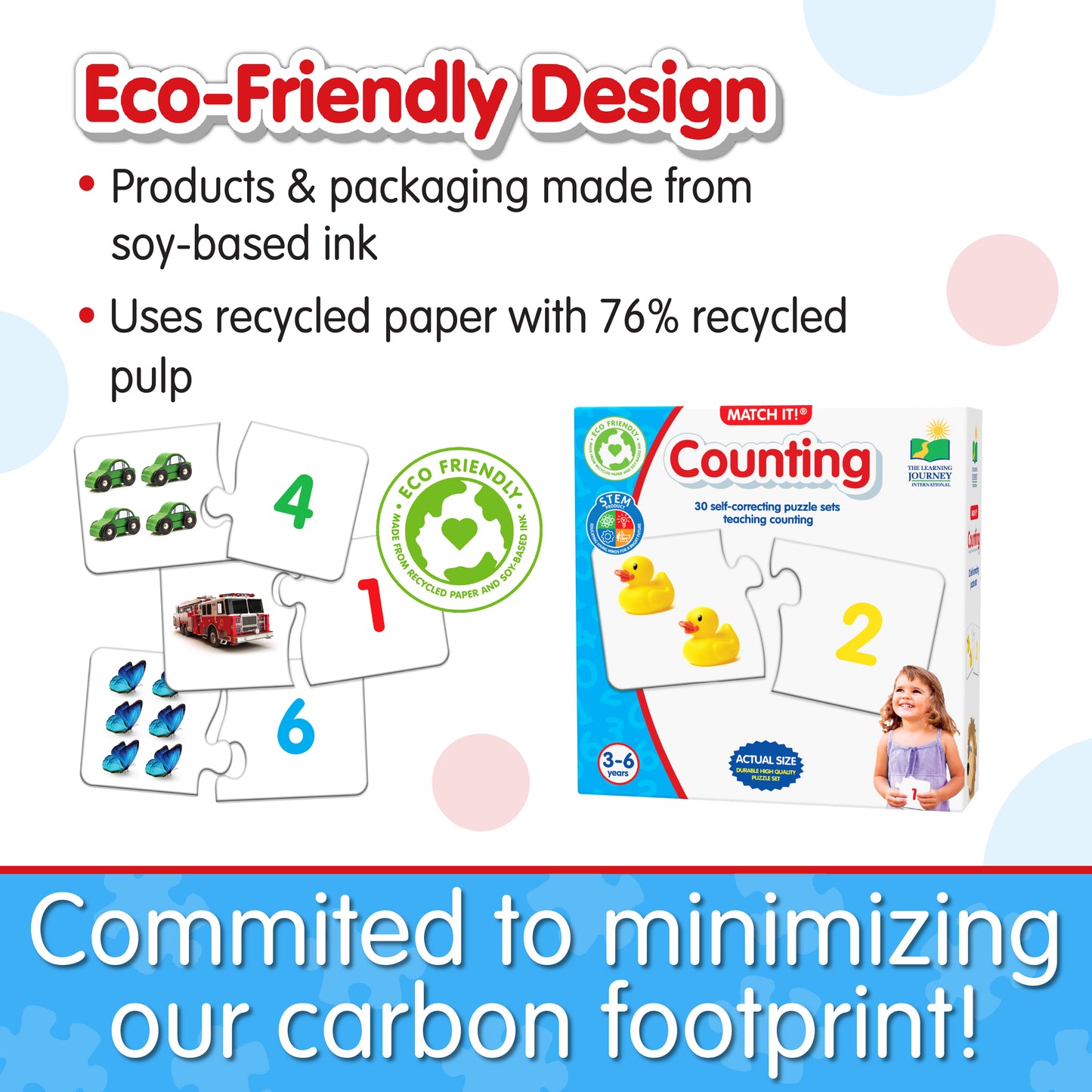 Infographic about Match It - Counting's eco-friendly design that says, "Committed to minimizing our carbon footprint!"