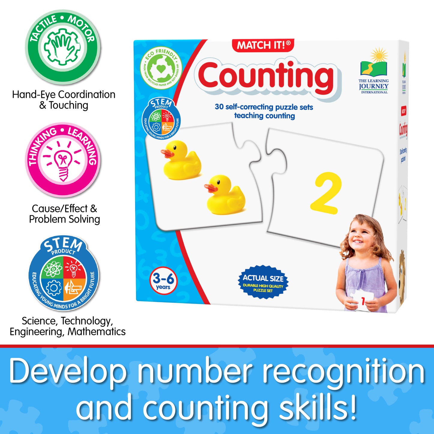 Infographic about Match It - Counting's educational benefits that says, "Develop number recognition and counting skills!"
