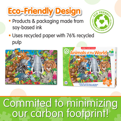 Infographic of Jumbo Floor Puzzle - Animals of the World's eco-friendly design that reads, "Commited to minimizing our carbon footprint!"