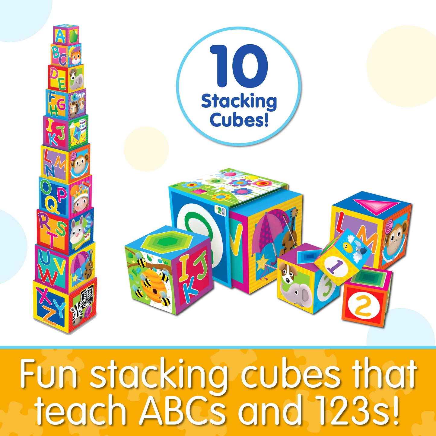 Infographic about Stacking Cubes that says, "Fun stacking cubes that teach ABCs and 123s!"