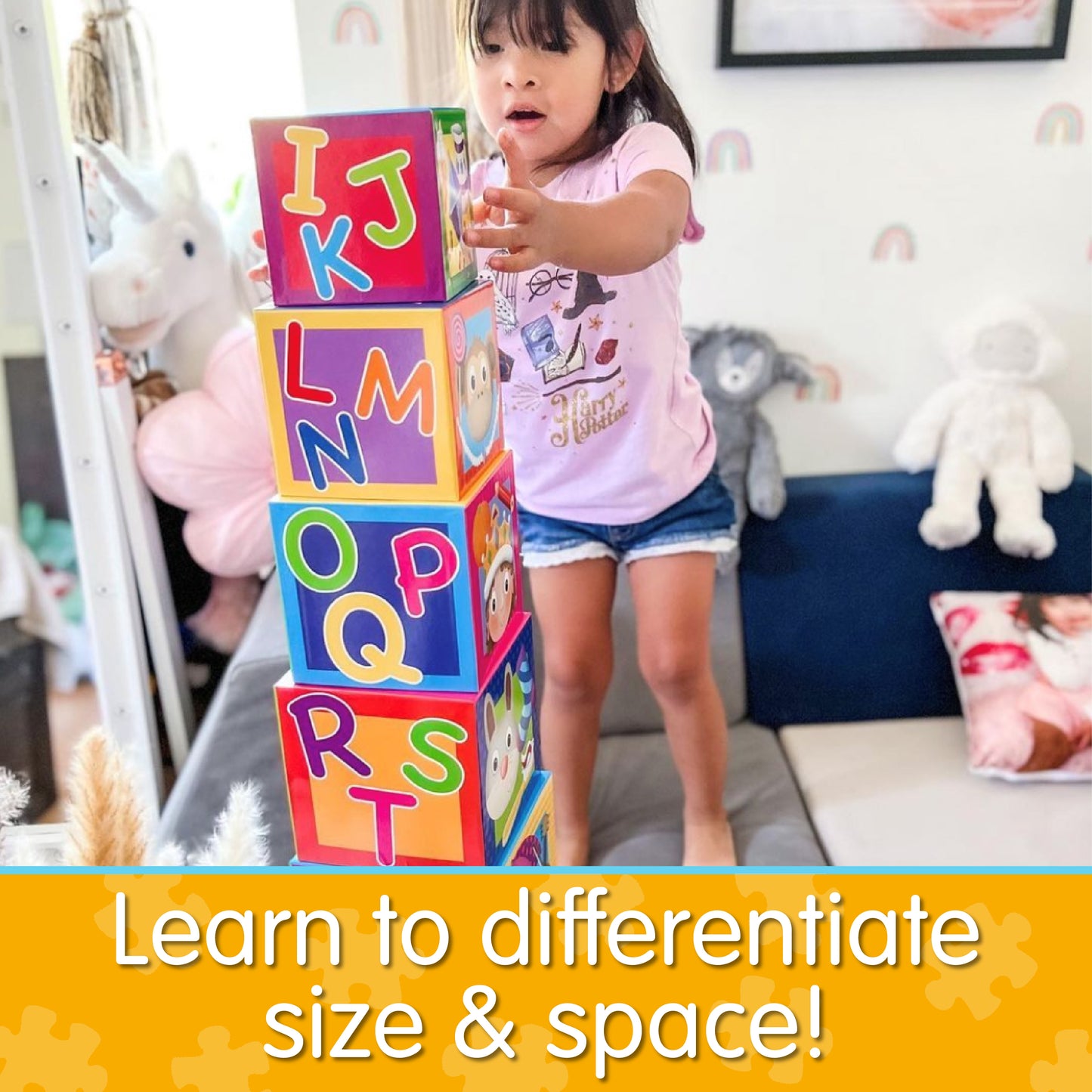 Infographic about Stacking Cubes that says, "Learn to differentiate size and space!"