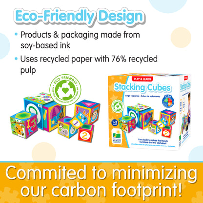 Infographic about Stacking Cubes' eco-friendly design that says, "Committed to minimizing our carbon footprint!"