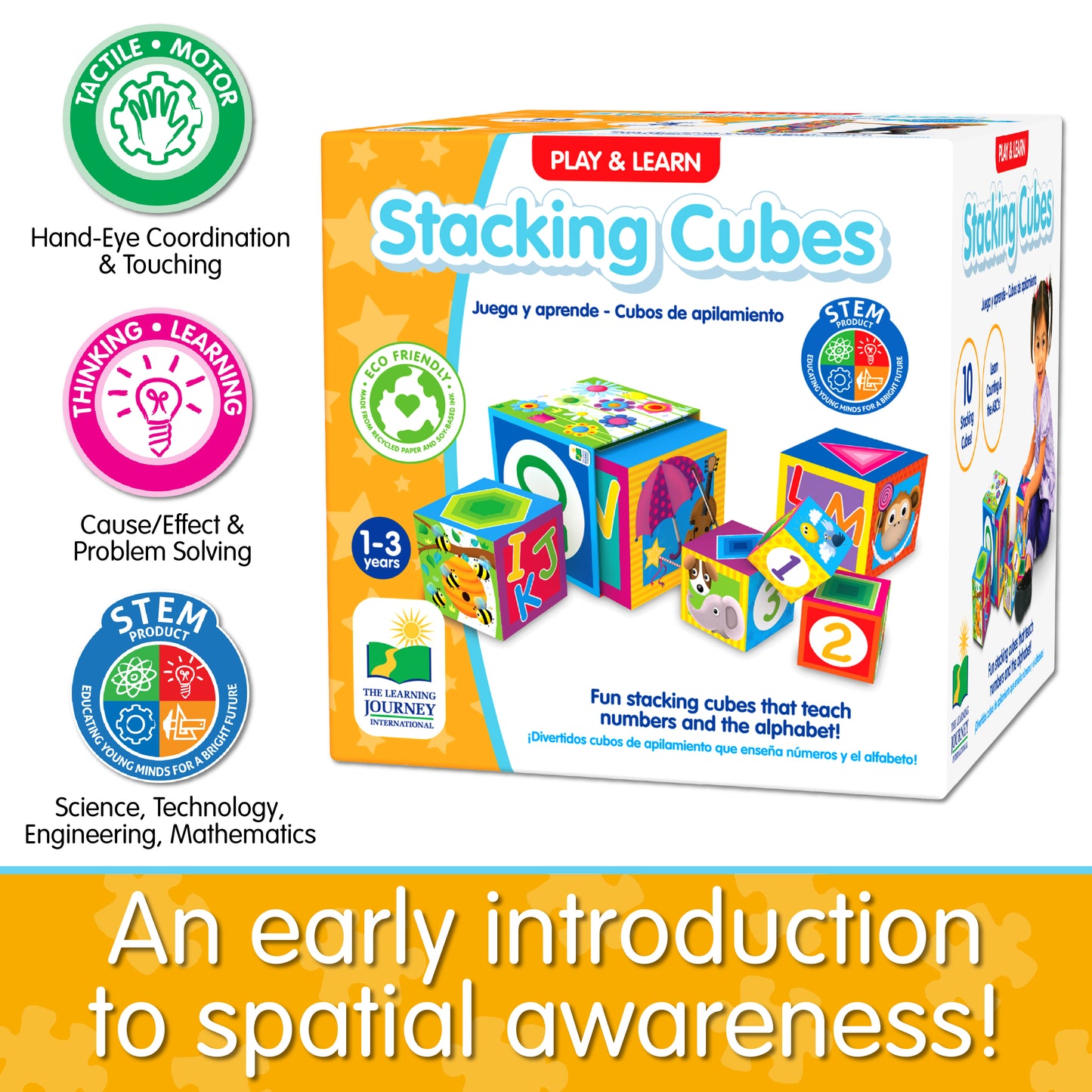 Infographic about Stacking Cubes' educational benefits that says, "An early introduction to spatial awareness!"