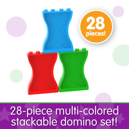 Infographic about Stand and Stack Dominoes that says, "28-piece multi-colored stackable domino set!"