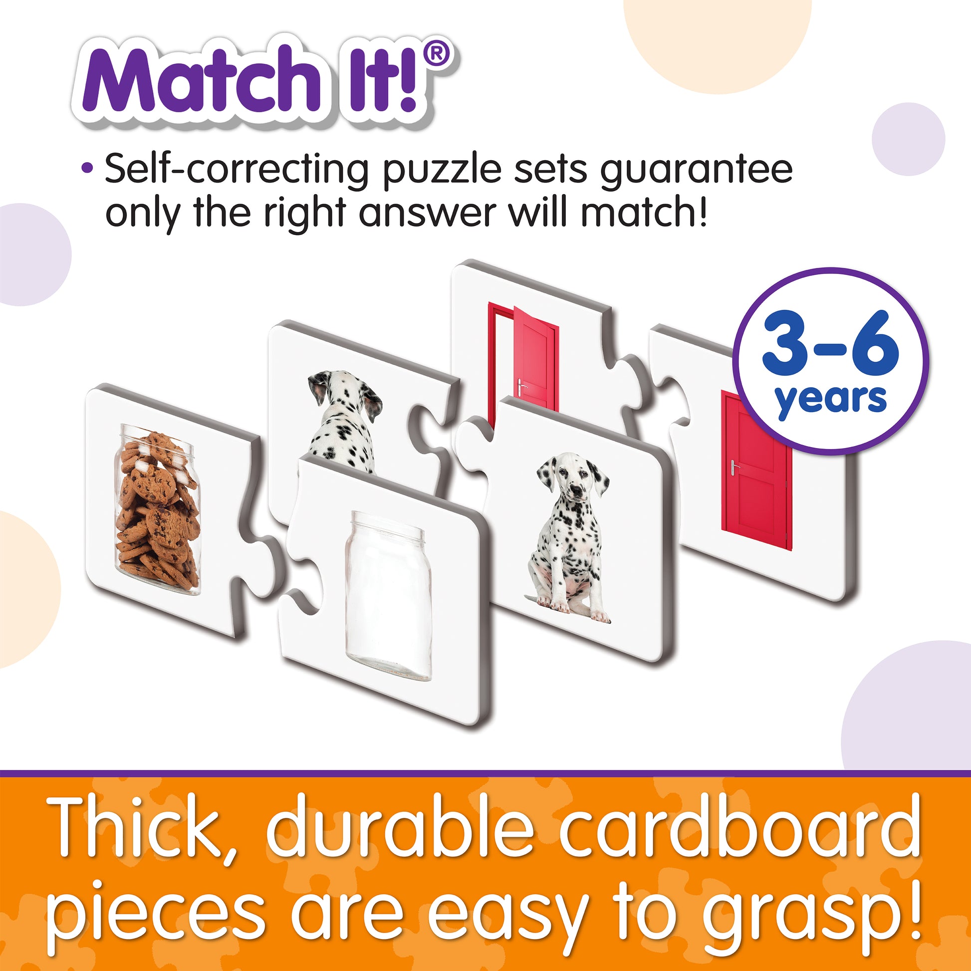 Infographic about Match It - Opposites' features that says, "Thick, durable cardboard pieces are easy to grasp!"