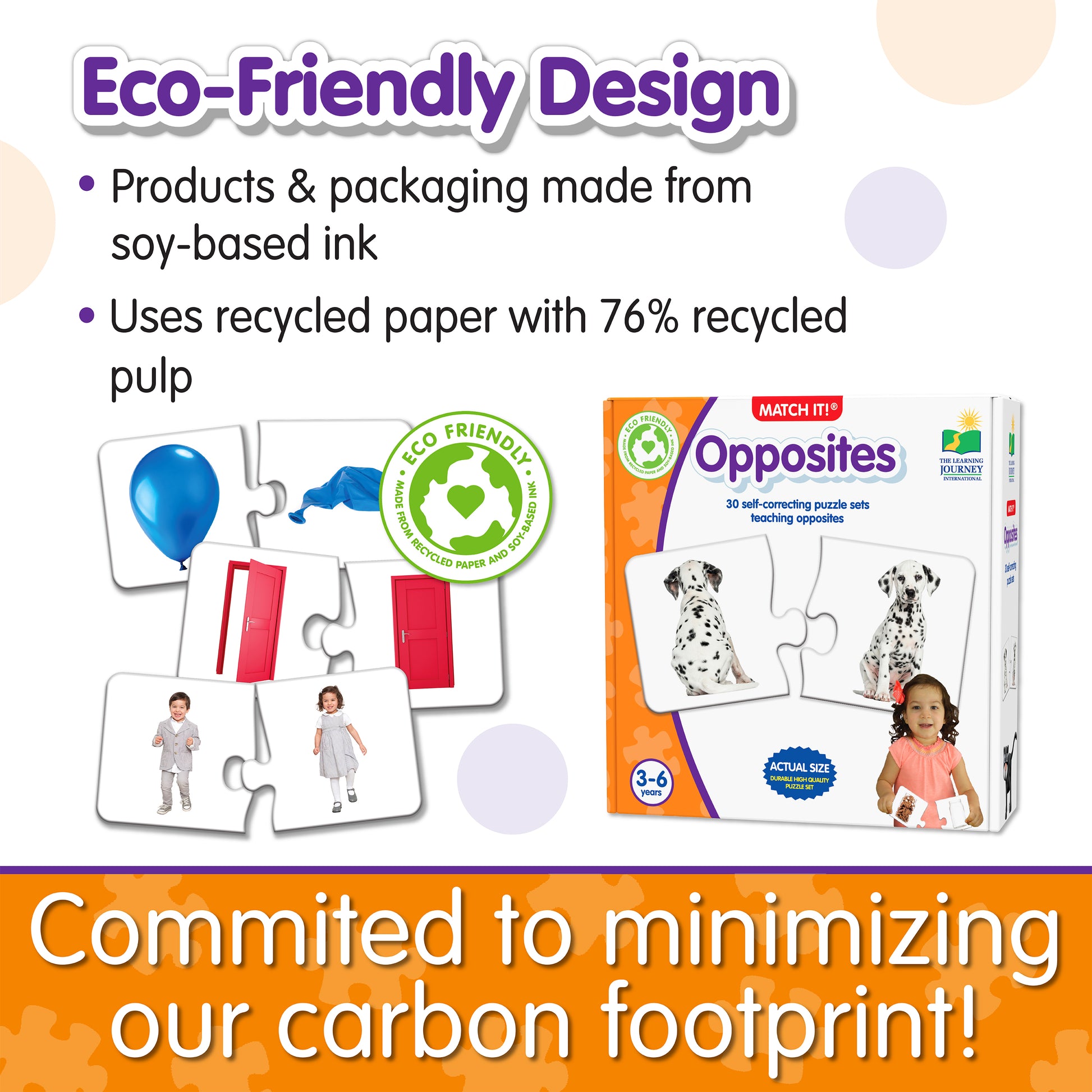 Infographic about Match It - Opposites' eco-friendly design that says, "Committed to minimizing our carbon footprint!"