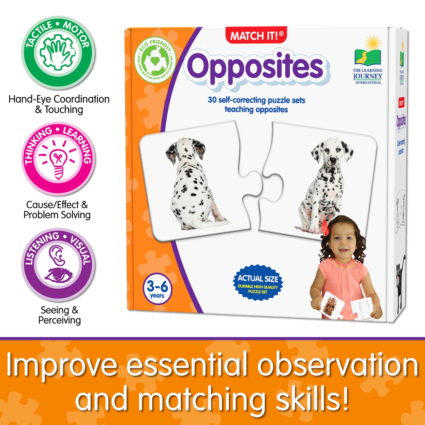 Infographic about Match It - Opposites' educational benefits that says, "Improve essential observation and matching skills!"