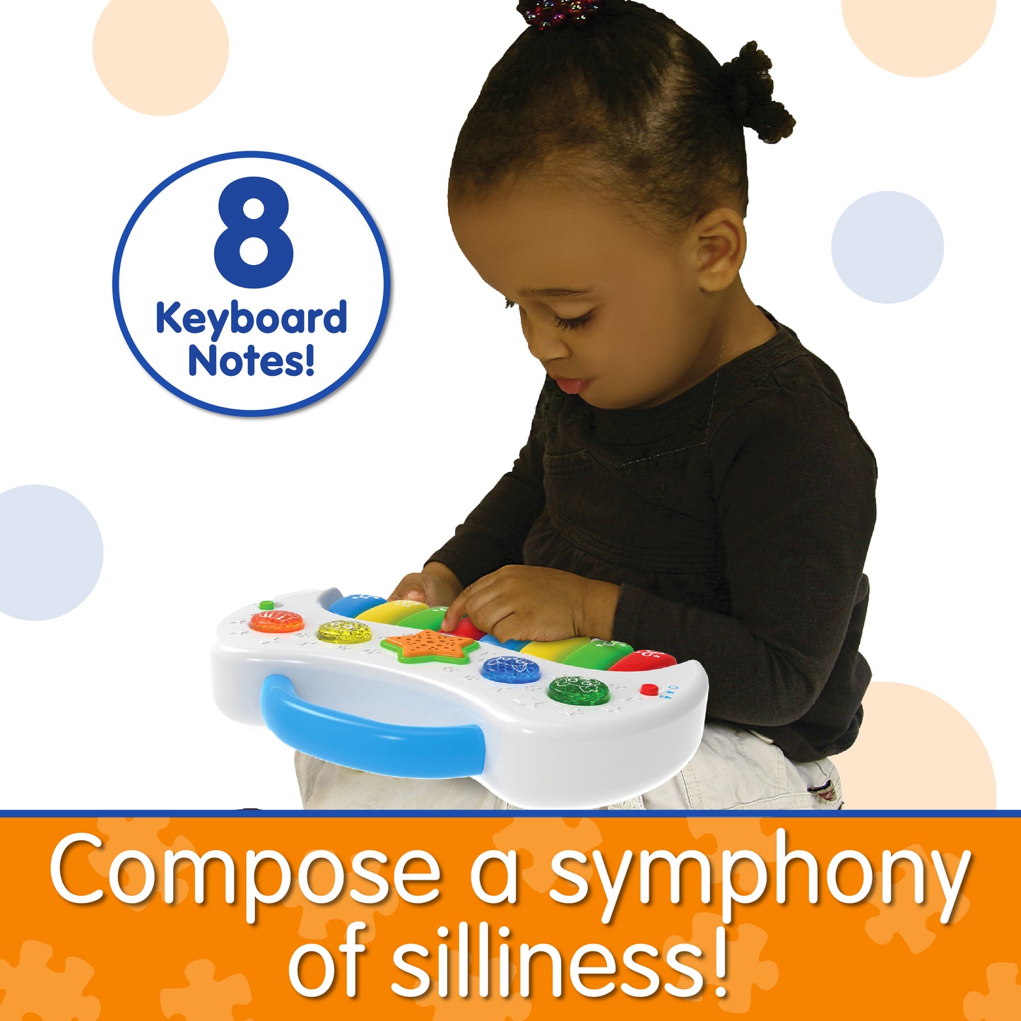 Infographic of little girl playing with Little Piano Tunes that says, "Compose a symphony of silliness!"