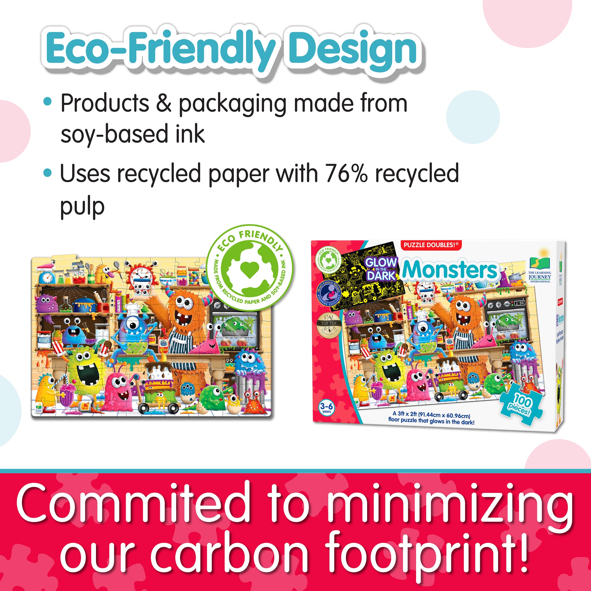 Infographic about Glow in the Dark - Monsters's eco-friendly design that says, "Committed to minimizing our carbon footprint!"