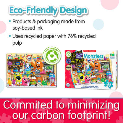 Infographic about Glow in the Dark - Monsters's eco-friendly design that says, "Committed to minimizing our carbon footprint!"