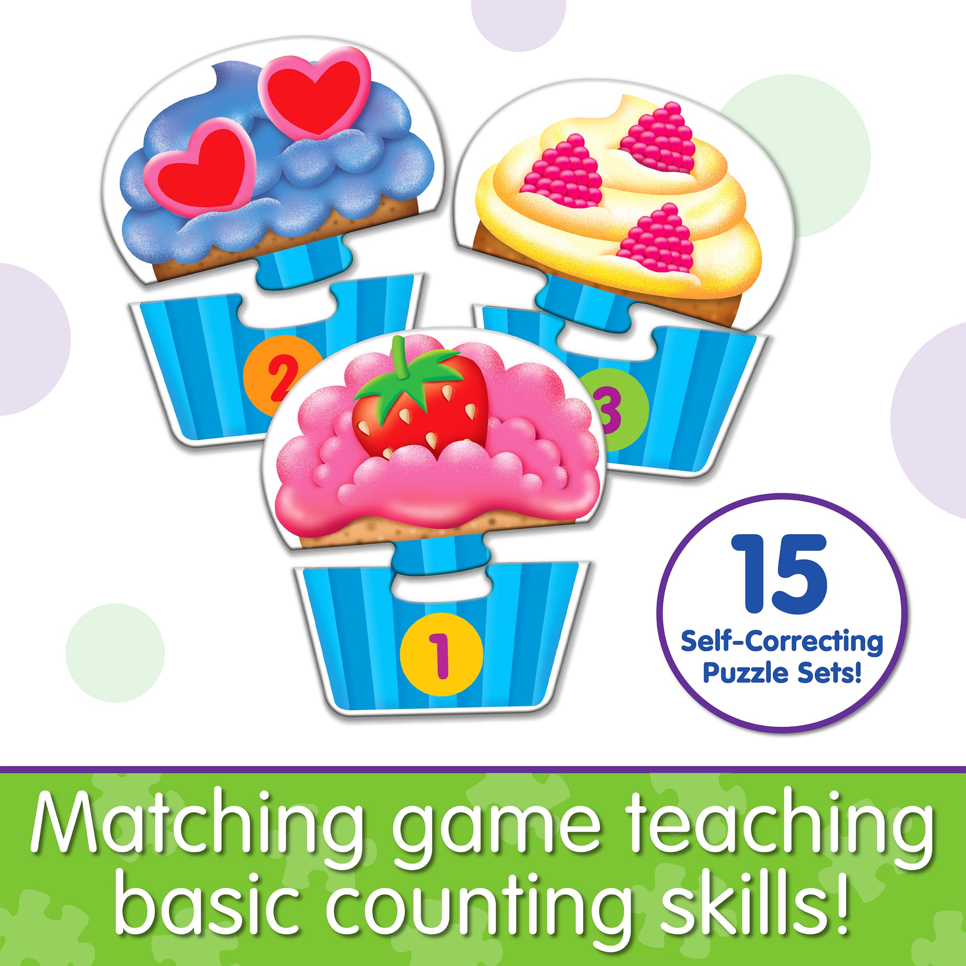 Infographic about My First Match It - Counting Cupcakes that says, "Matching game teaching basic counting skills!"
