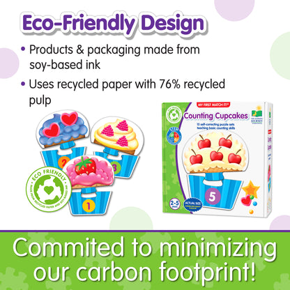 Infographic about My First Match It - Counting Cupcakes' eco-friendly design that says, "Committed to minimizing our carbon footprint!"