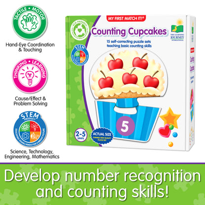 Infographic about My First Match It - Counting Cupcakes' educational benefits that says, "Develop number recognition and counting skills!"