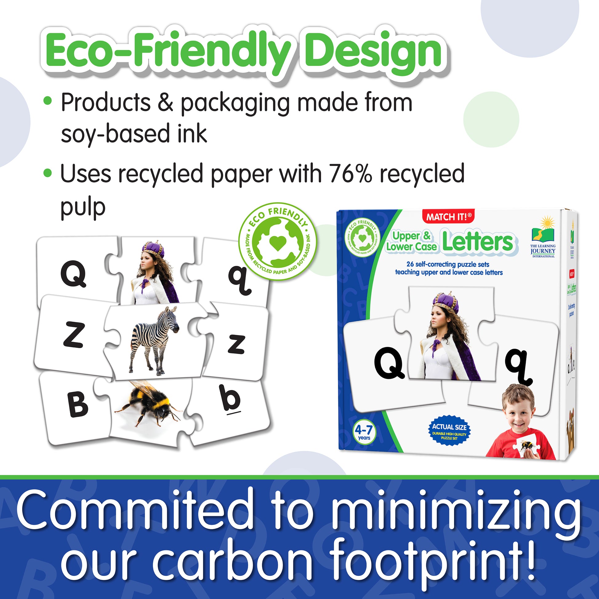 Infographic about Match It - Upper and Lower Case Letters' eco-friendly design that says, "Committed to minimizing our carbon footprint!"