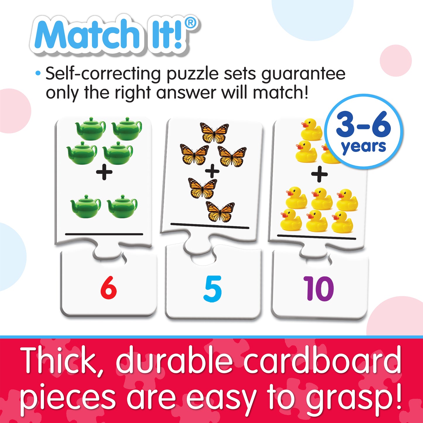 Infographic about Match It - Add It Up's features that says, "Thick, durable cardboard pieces are easy to grasp!"