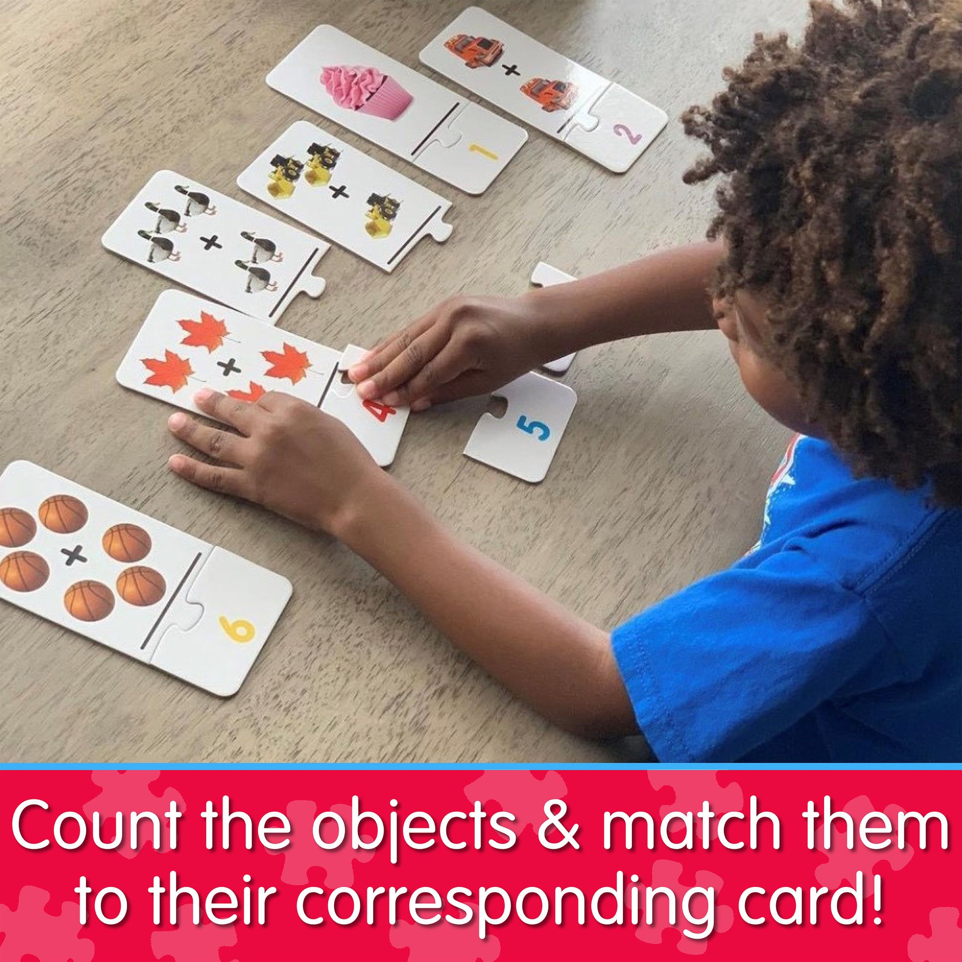 Infographic of young boy playing Match It - Add It Up that says, "Count the objects and match them to their corresponding card!"