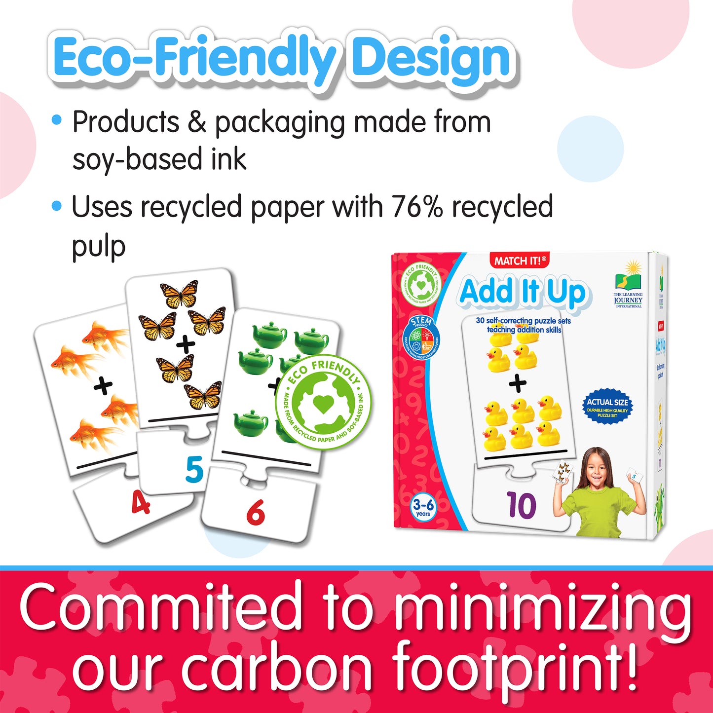 Infographic about Match It - Add It Up's eco-friendly design that says, "Committed to minimizing our carbon footprint!"