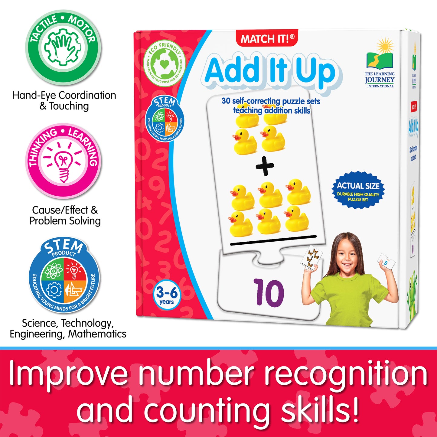 Infographic about Match It - Add It Up's educational benefits that says, "Improve number recognition and counting skills!"
