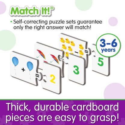 Infographic about Match It - Mathematics' features that says, "Thick, durable cardboard pieces are easy to grasp!"