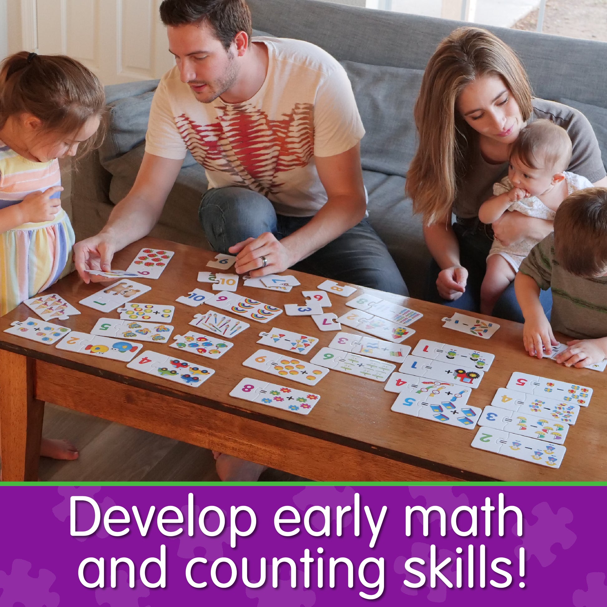 Infographic of family playing Match It - Mathematics together that says, "Develop early math and counting skills!"