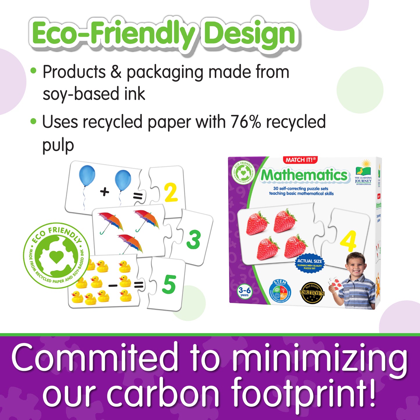 Infographic about Match It - Mathematics' eco-friendly design that says, "Committed to minimizing our carbon footprint!"