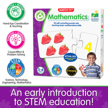 Infographic about Match It - Mathematics' educational benefits that says, "An early introduction to STEM education!"