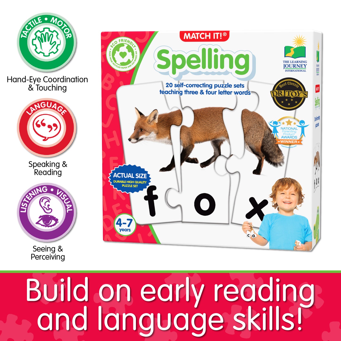 Infographic about Match It - Spelling's educational benefits that says, "Build on early reading and language skills!"