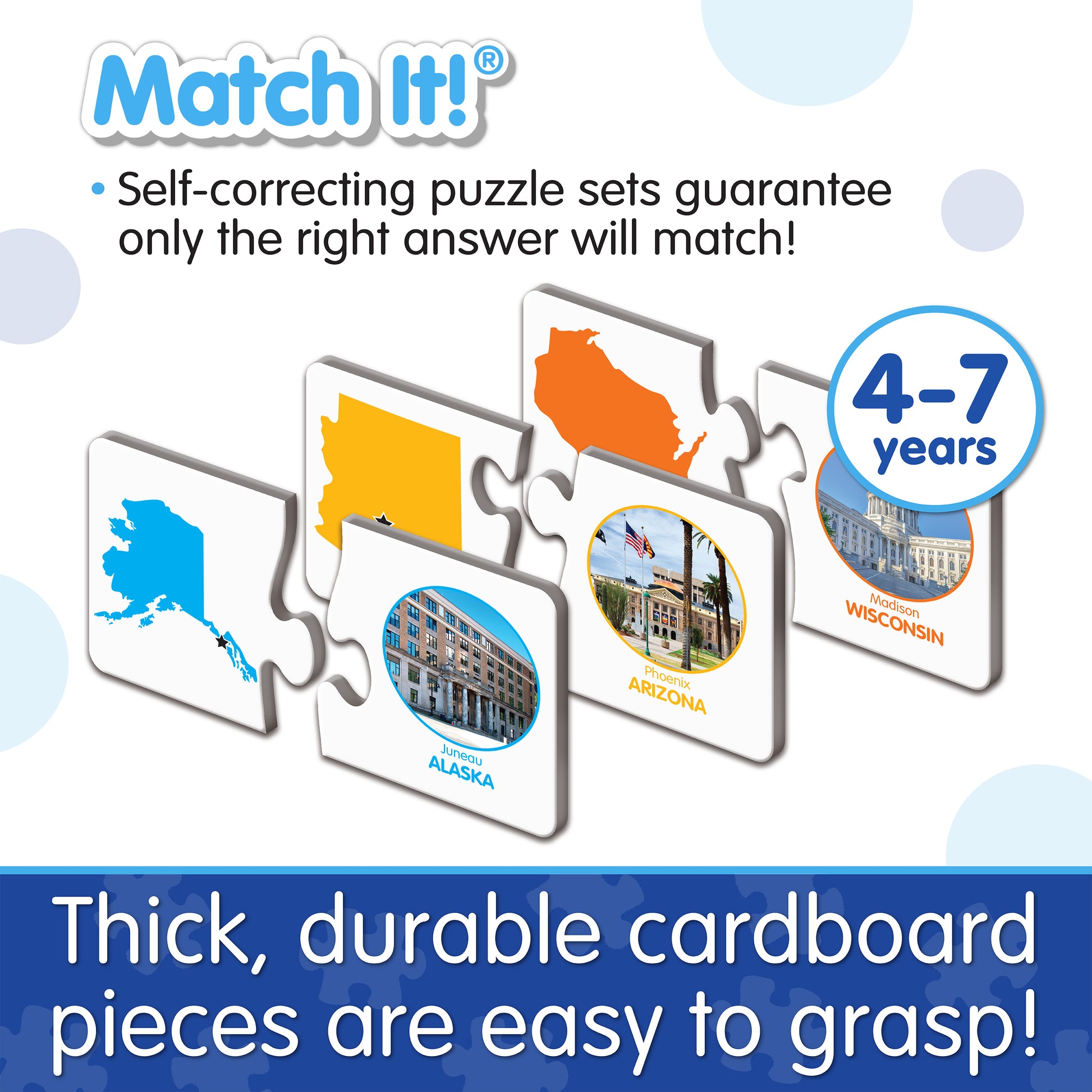 Infographic about Match It - States and Capitals' features that says, "Thick, durable cardboard pieces are easy to grasp!"