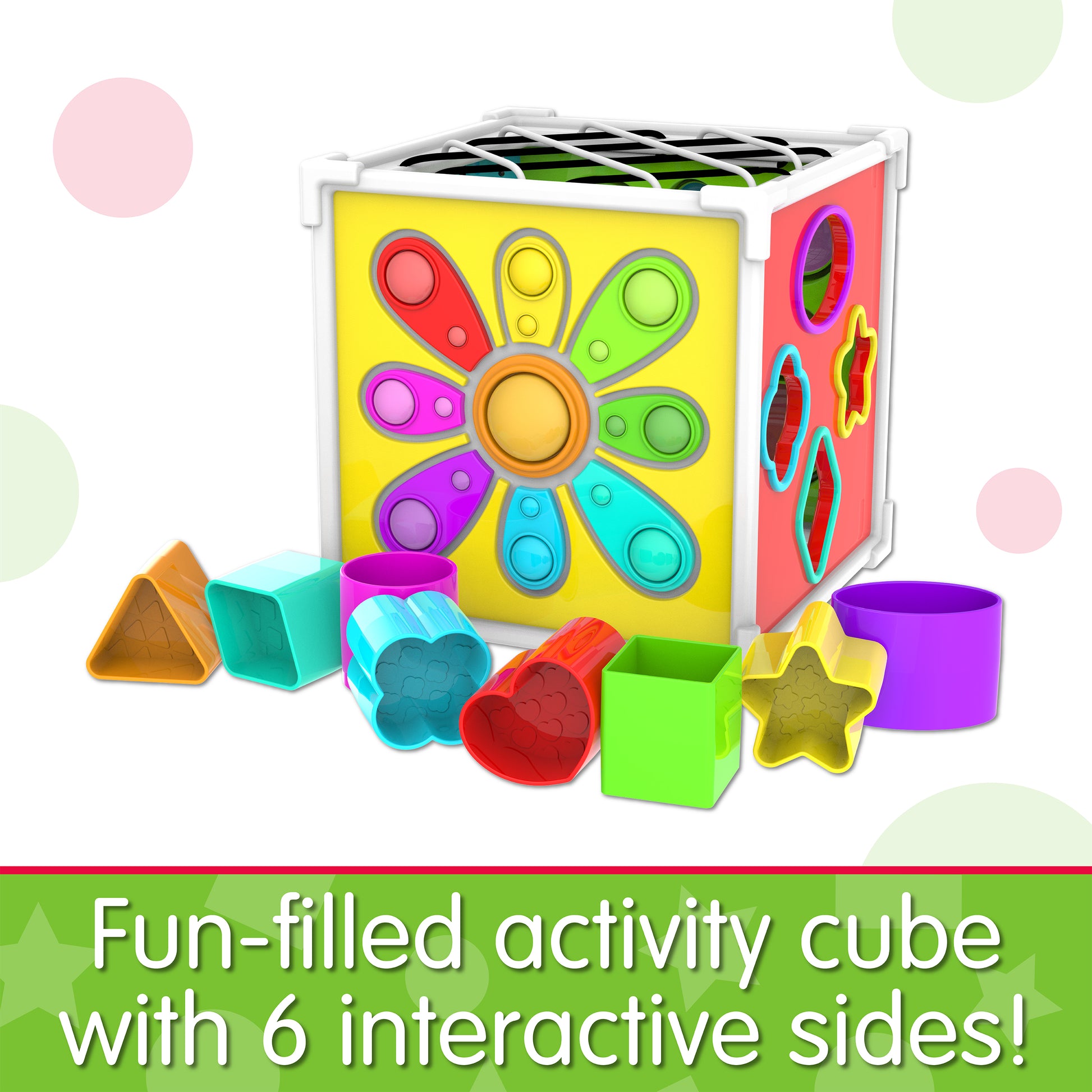 Infographic about Pop and Discover Activity Cube that says, "Fun-filled activity cube with 6 interactive sides!"