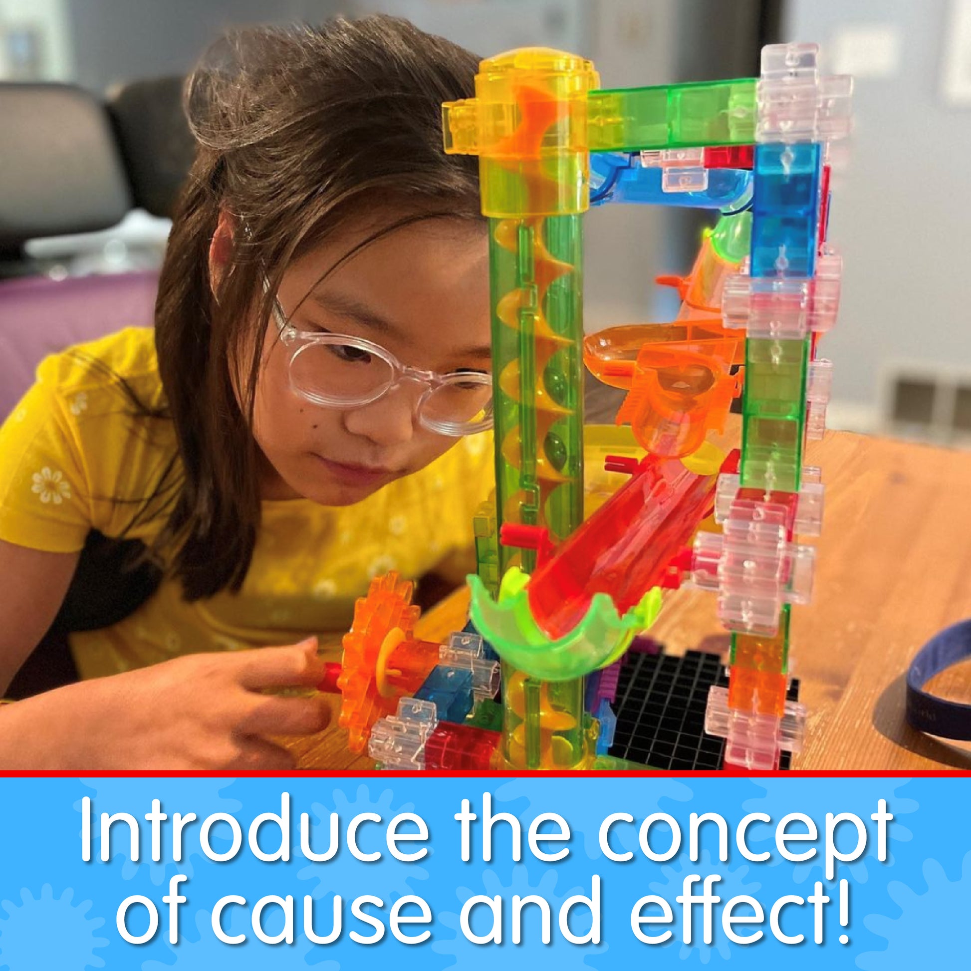 Infographic with little girl playing with Zoomerang 2.0 that says, "Introduce the concept of cause and effect!"