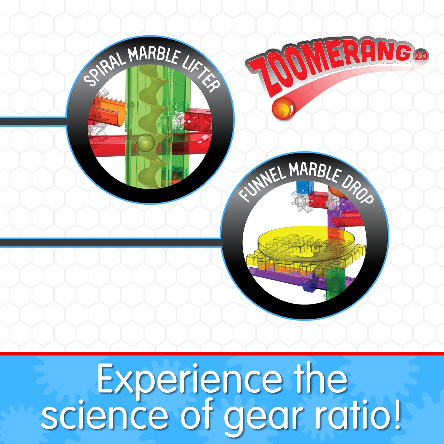 Infographic about Zoomerang 2.0's features that says, "Experience the science of gear ratio!"