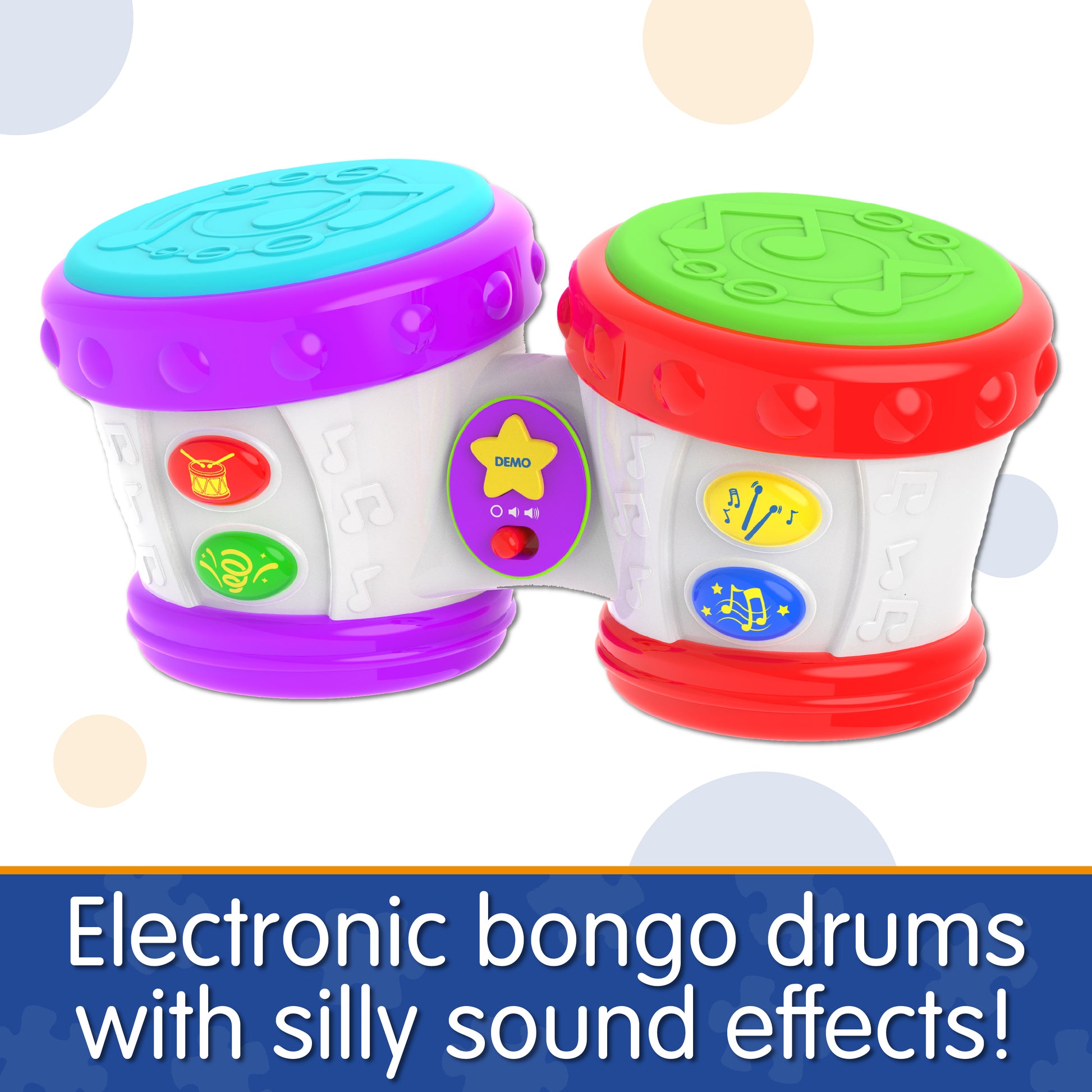 Infographic of Little Baby Bongo Drums that says, "Electronic bongo drums with silly sound effects!"