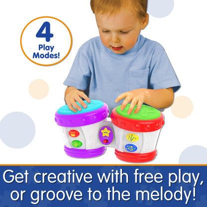 Infographic of young boy playing with Little Baby Bongo Drums that says, "Get creative with free play, or groove to the melody!"