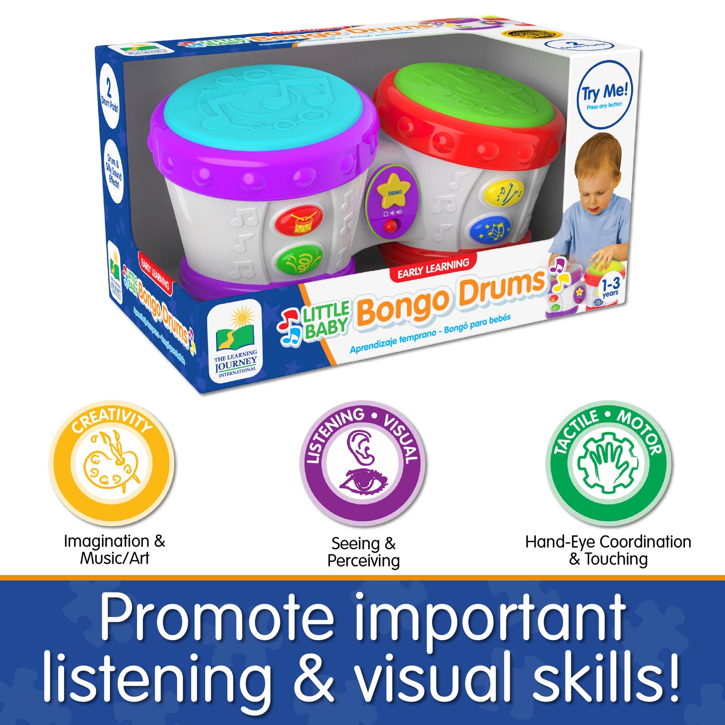 Infographic of Little Baby Bongo Drums's educational benefits that says, "Promote important listening and visual skills!"