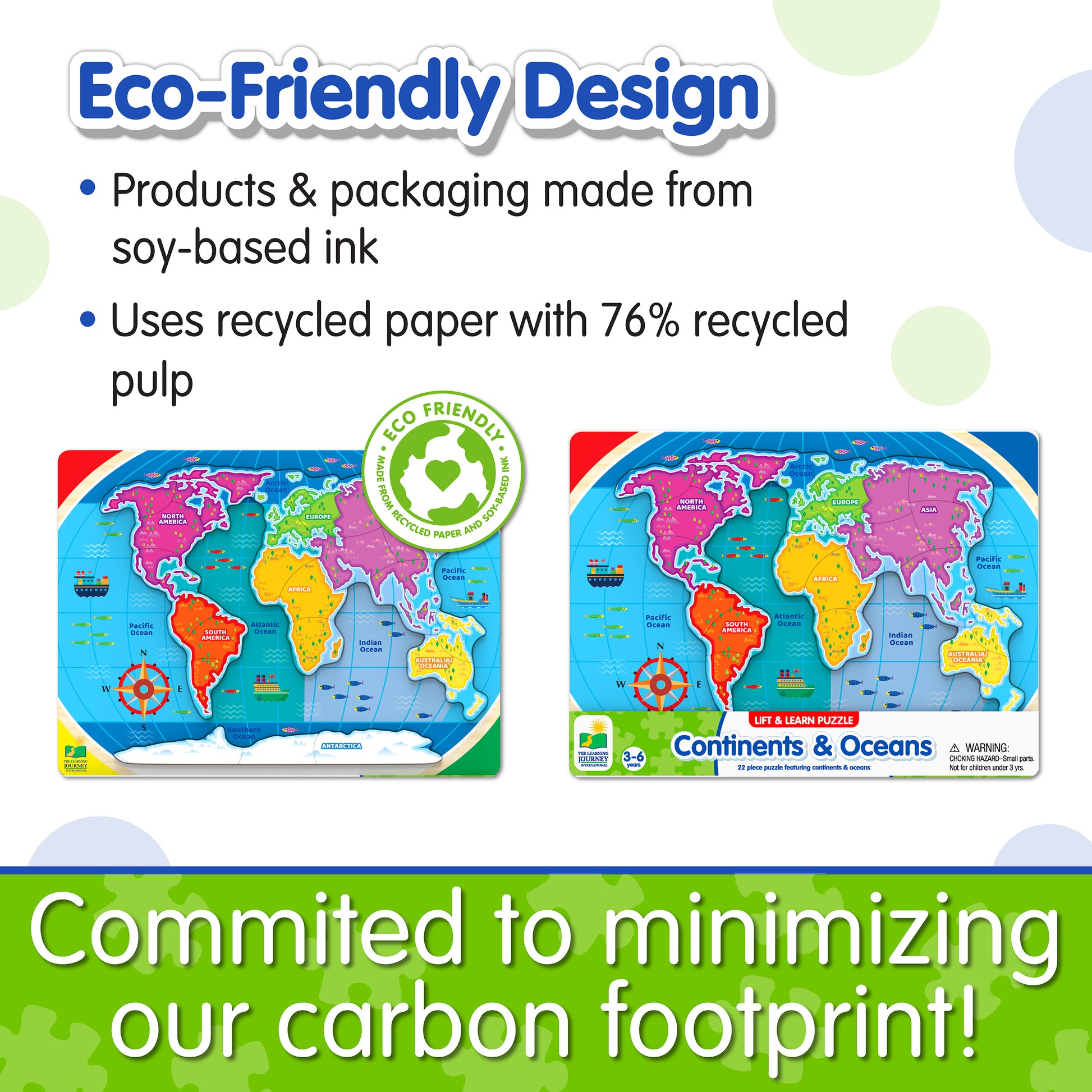 Infographic of Lift and Learn Continents and Oceans Puzzle's eco-friendly design that reads, "Committed to minimizing our carbon footprint!"