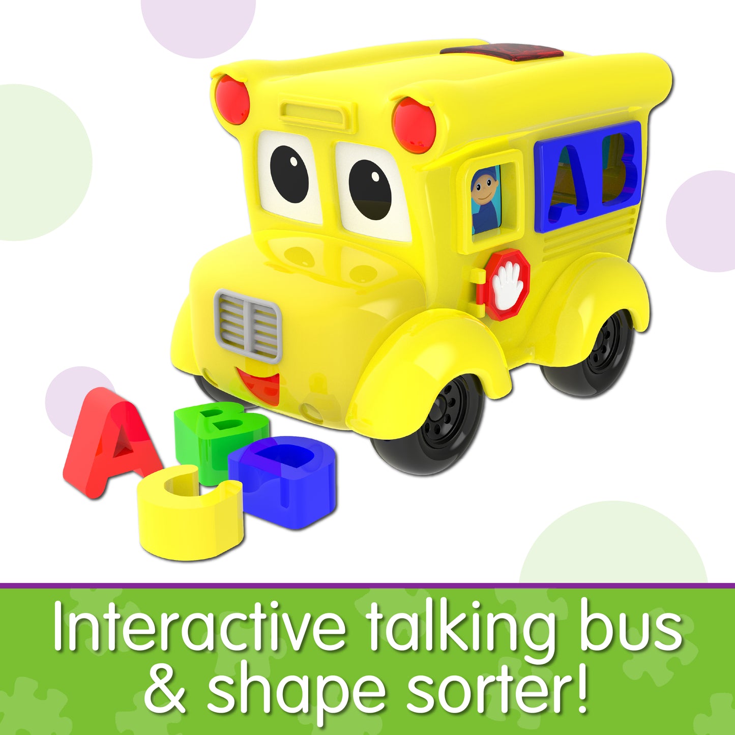 Infographic about Letterland School Bus that says, "Interactive talking bus and shape sorter!"