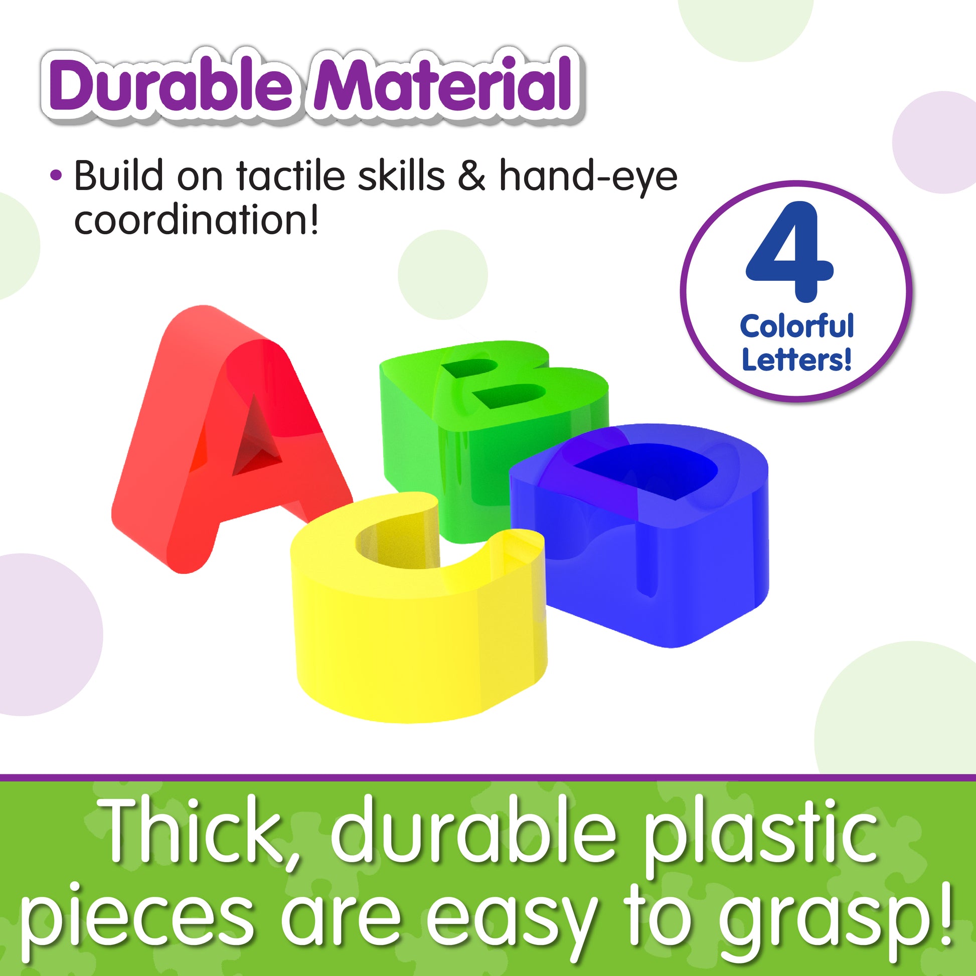 Infographic about Letterland School Bus's durable material that says, "Thick, durable plastic pieces are easy to grasp!"