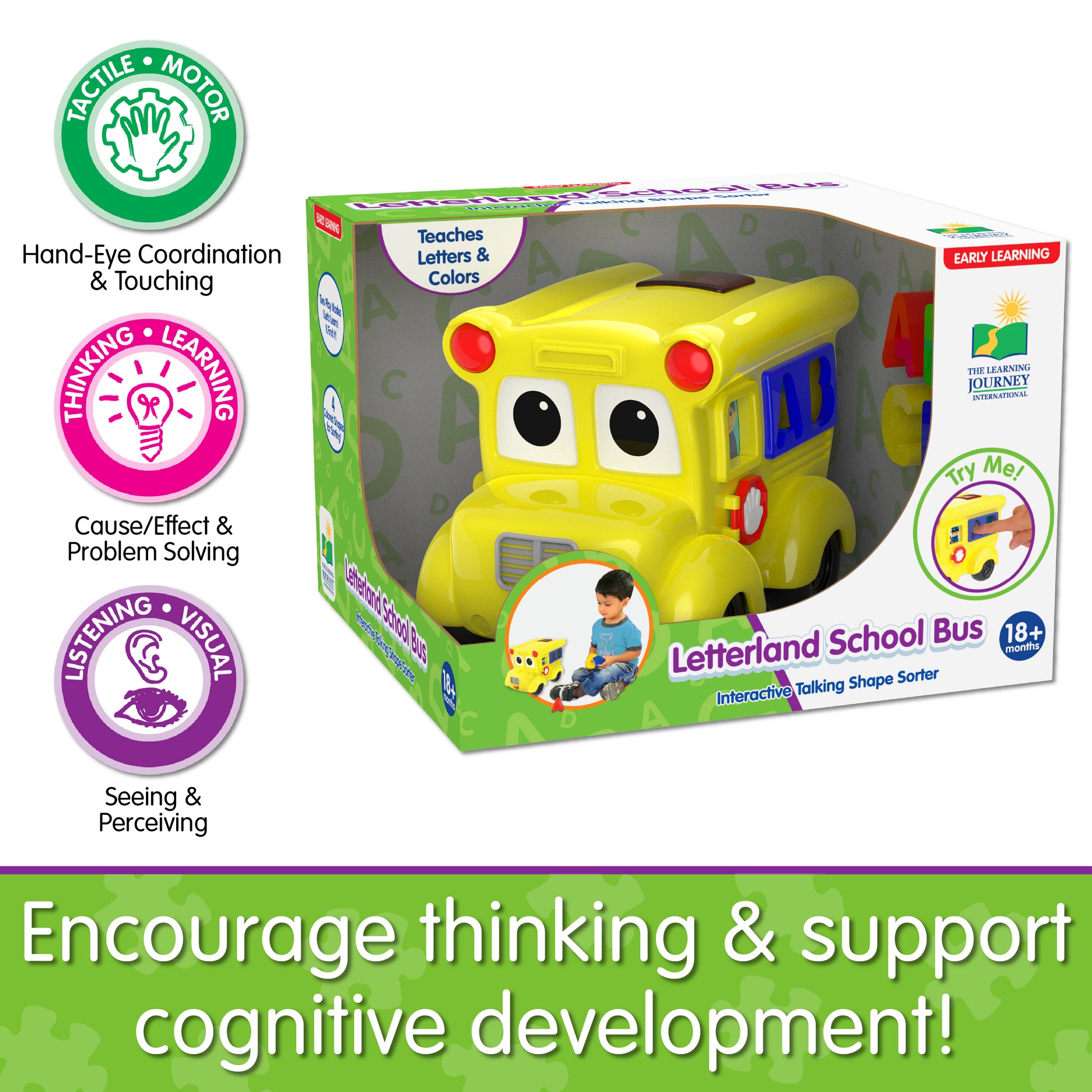 Infographic about Letterland School Bus' educational benefits that says, "Encourage thinking and support cognitive development!"