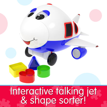 Infographic about Jumbo The Jet that says, "Interactive talking jet and shape sorter!"