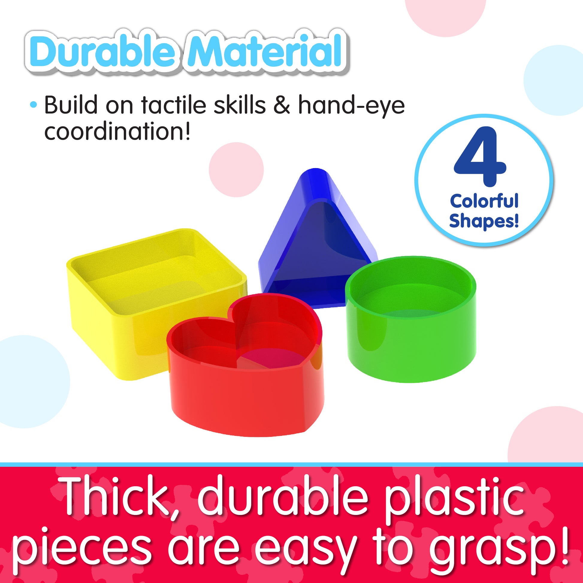 Infographic about Jumbo The Jet pieces that says, "Thick, durable plastic pieces are easy to grasp!"