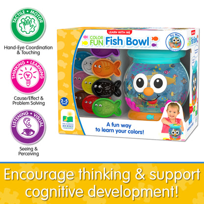 Infographic of Learn With Me Color Fun Fish Bowl's educational benefits that reads "Encourage thinking and support cognitive development!"