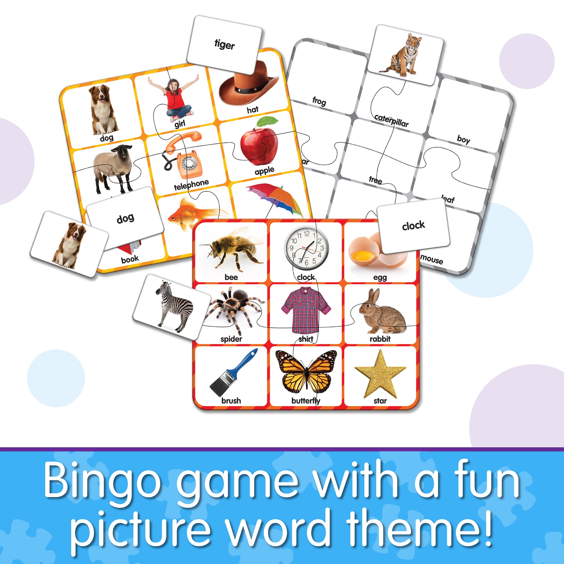 Infographic about Match It - Picture Word Bingo that says, "Bingo game with a fun picture word theme!"
