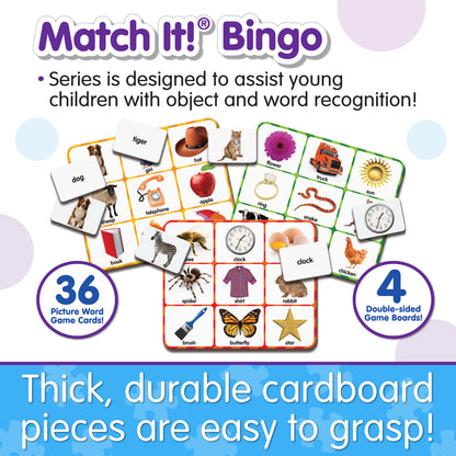 Infographic about Match It - Picture Word Bingo's features that says, "Thick, durable cardboard pieces are easy to grasp!"