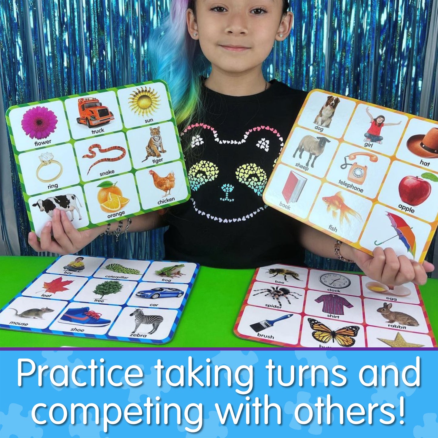 Infographic of little girl holding Match It - Picture Word Bingo game boards that says, "Practice taking turns and competing with others!"