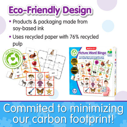 Infographic about Match It - Picture Word Bingo's eco-friendly design that says, "Committed to minimizing our carbon footprint!"