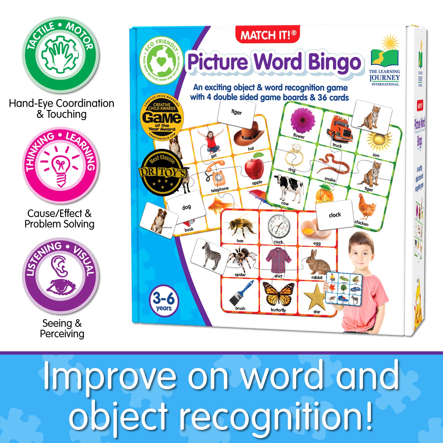 Infographic about Match It - Picture Word Bingo's educational benefits that says, "Improve on word and object recognition!"