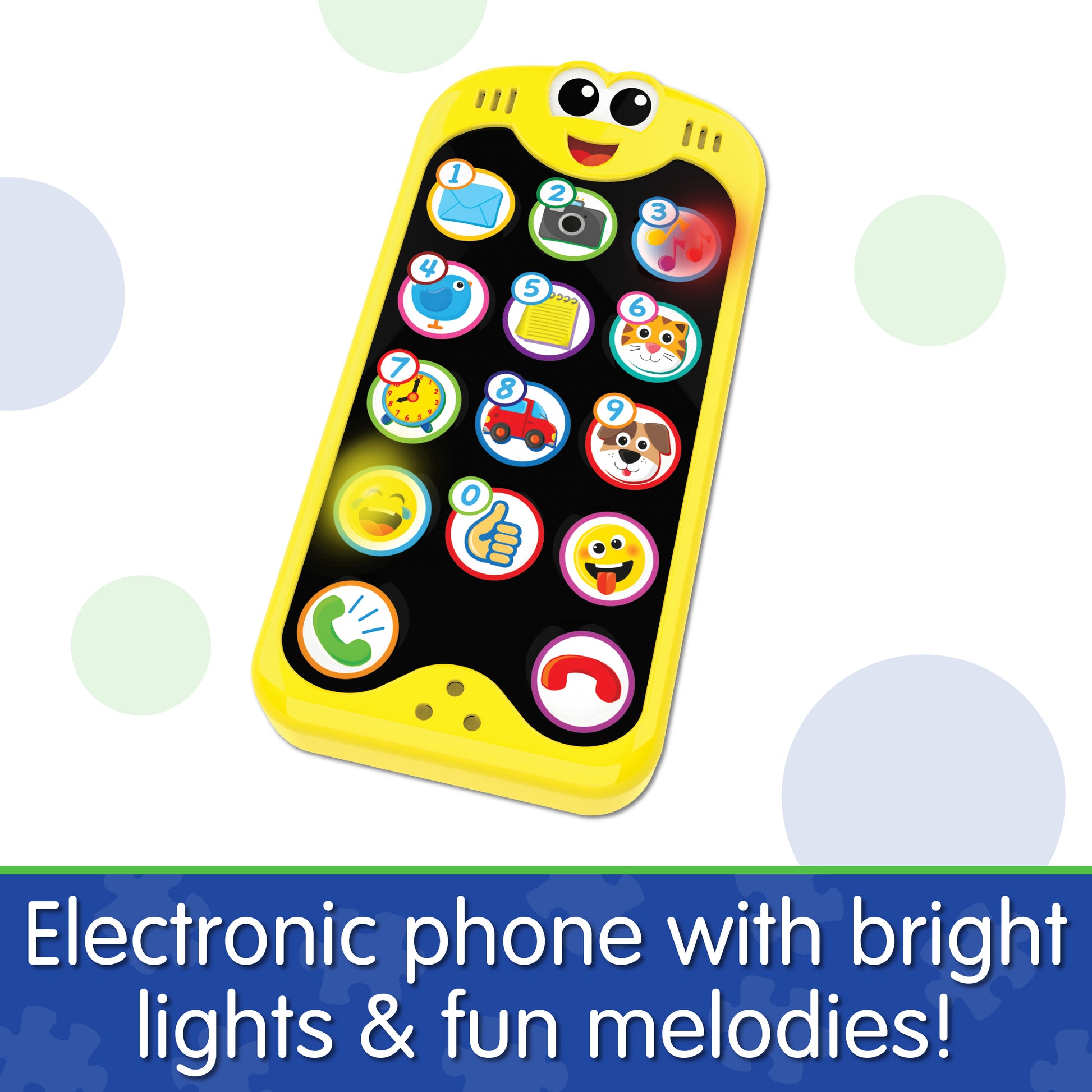 Infographic about On The Go Phone that says, "Electronic phone with bright lights and fun melodies!"